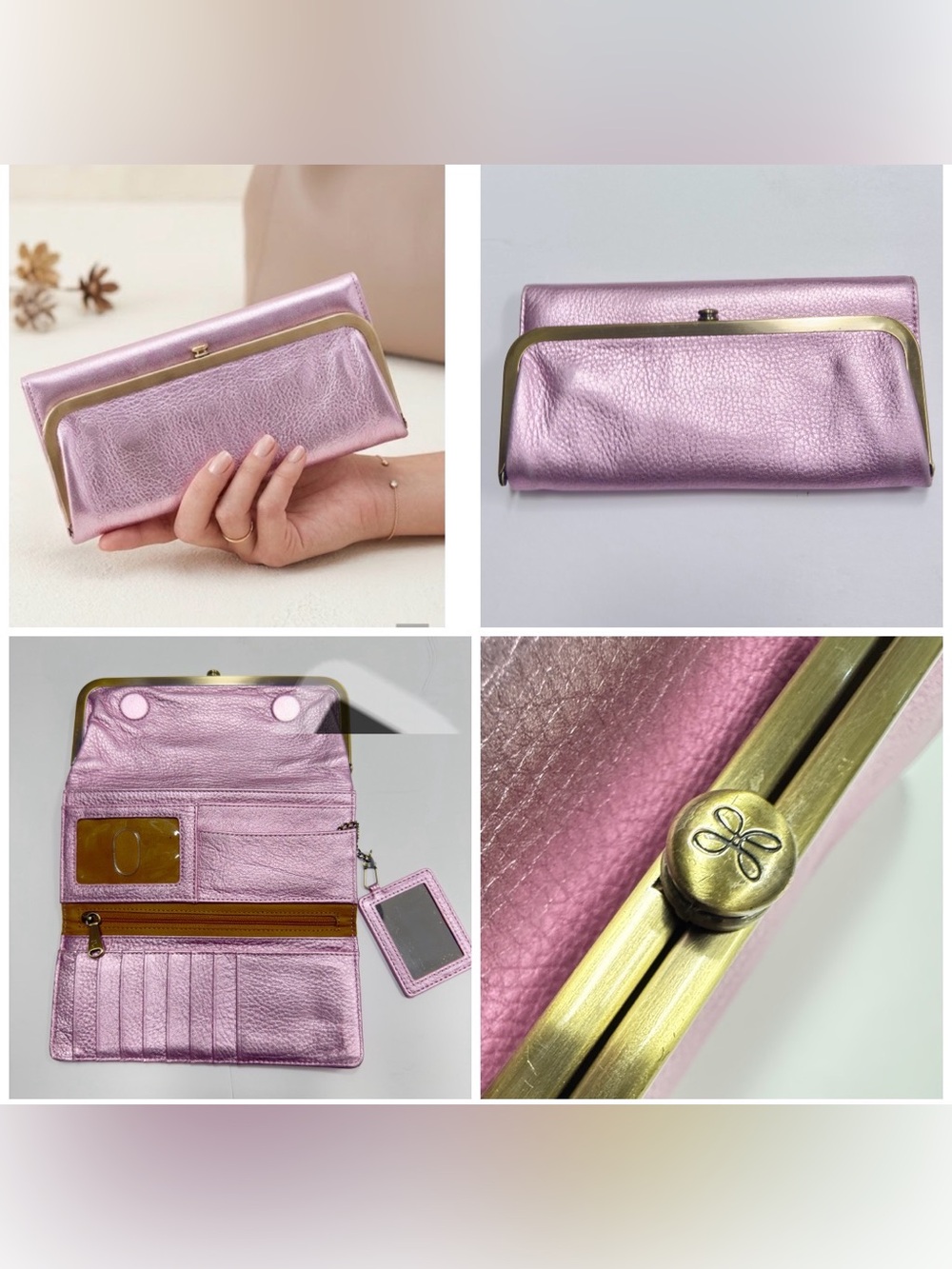 HOBO Rachel Continental Wallet in Pink Metallic Leather Clutch